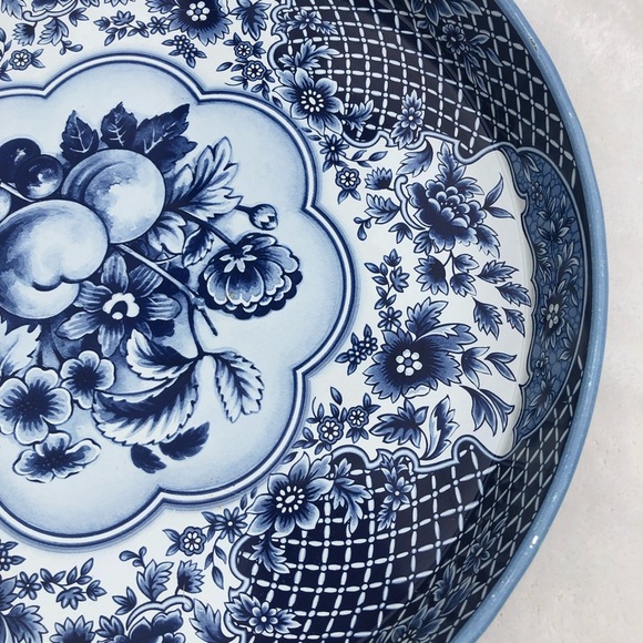 Daher Decorated Ware Round Metal Tray - Blue White Fruit Floral Made in England - Picture 3 of 12